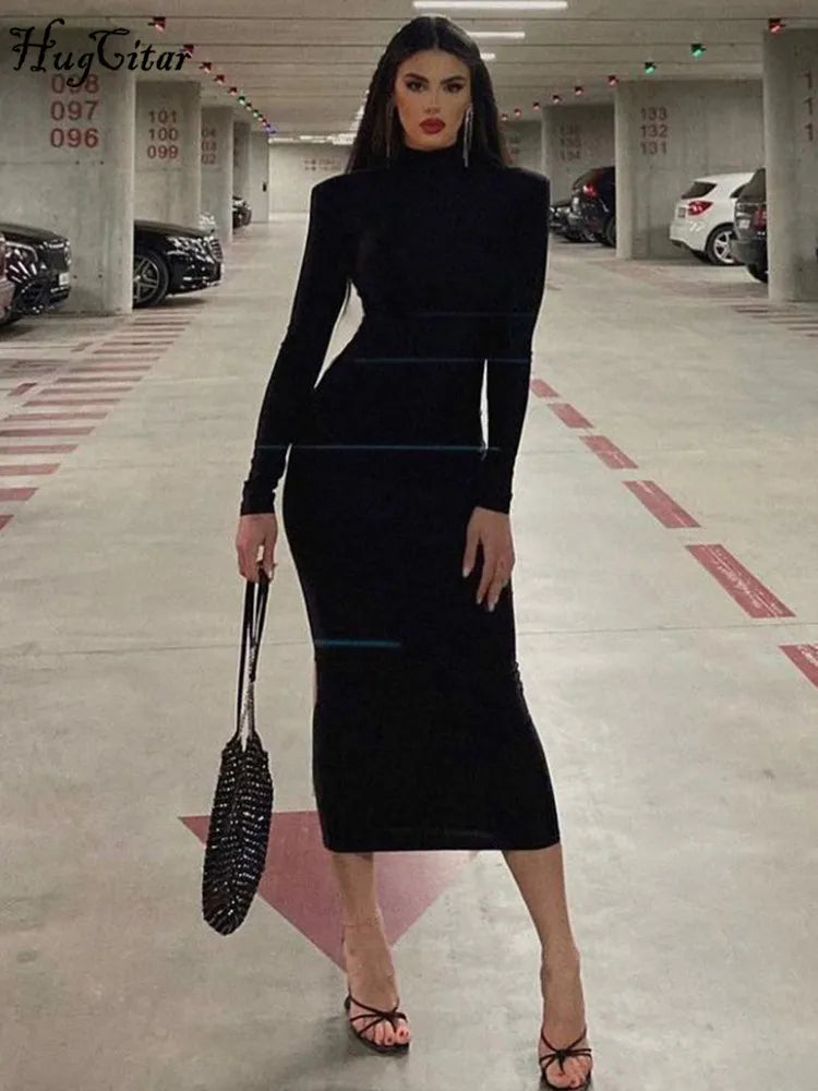 Long Sleeve Turtleneck Black Bodycon Maxi Dress