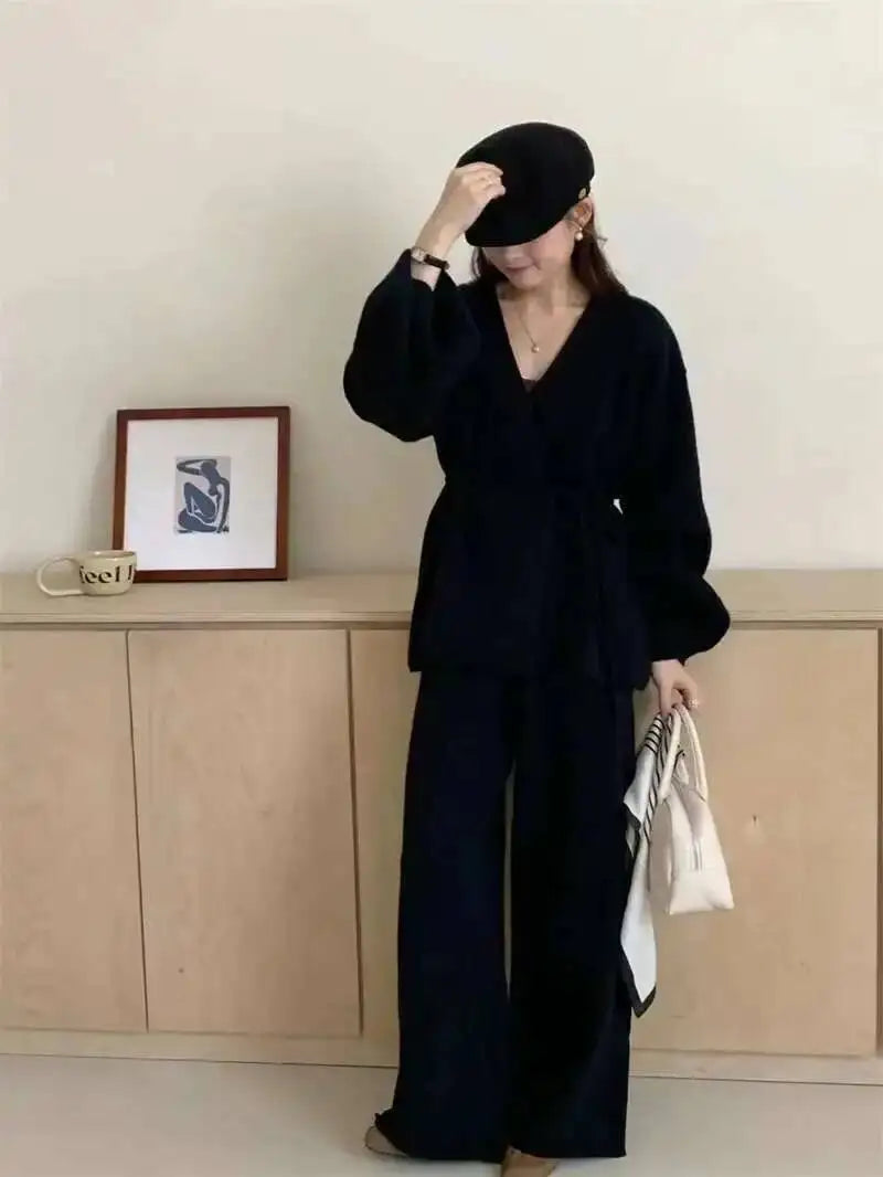 Casual Long Sleeve Sweater And High Waist Trousers Knit Set