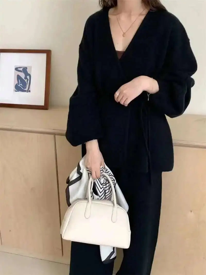 Casual Long Sleeve Sweater And High Waist Trousers Knit Set