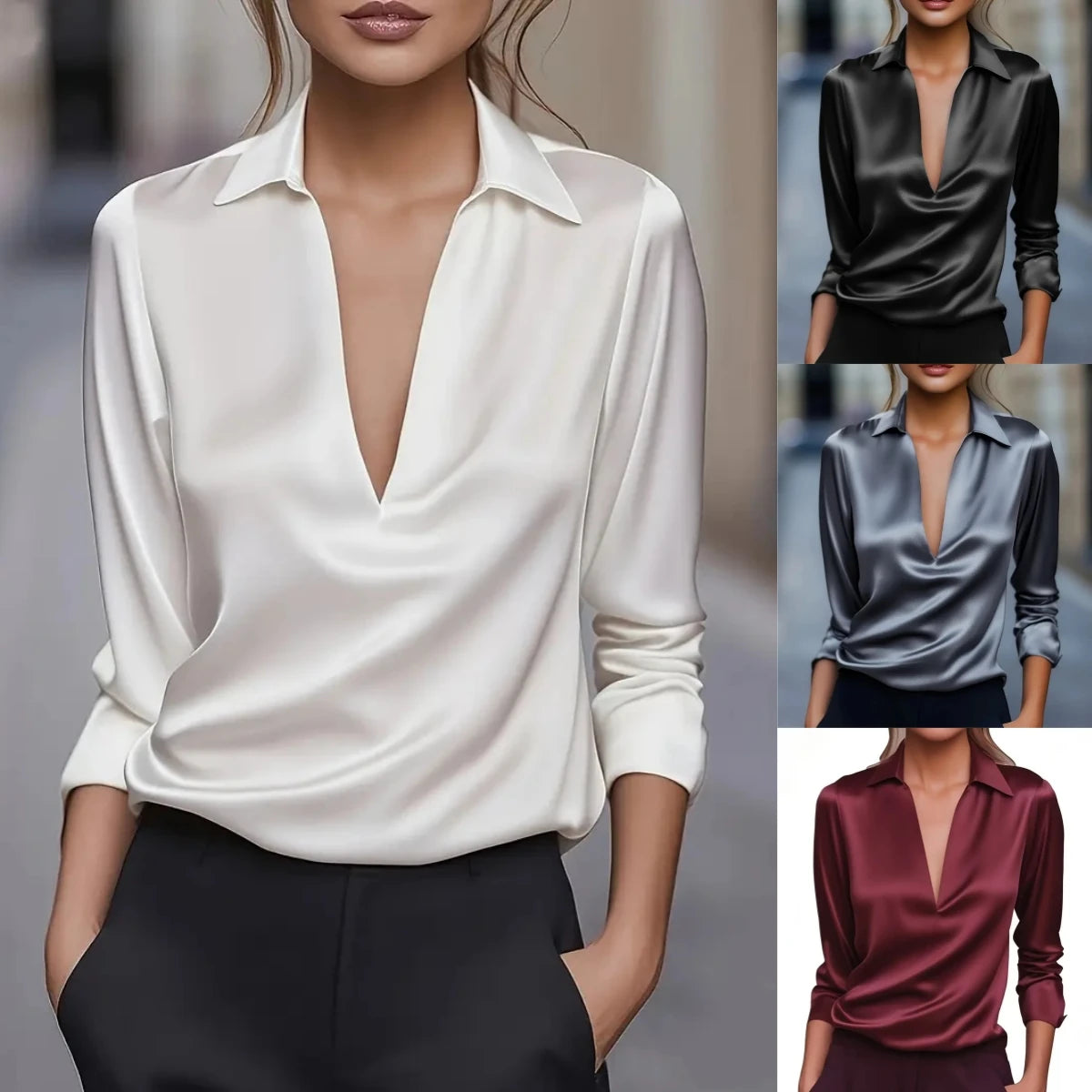 Elegant Satin Deep V-Neck Long Sleeve Blouse