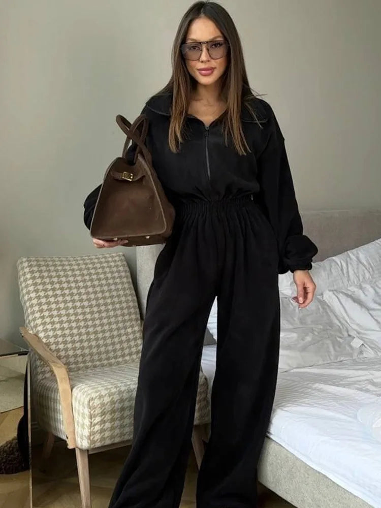 Sporty Long Sleeve Half-Zip Sports Jumpsuit with Lapel