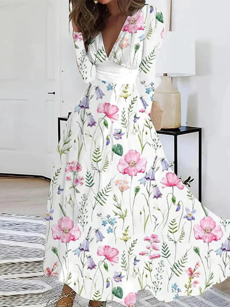 Elegant Long Sleeved Floral Print Long Dresses