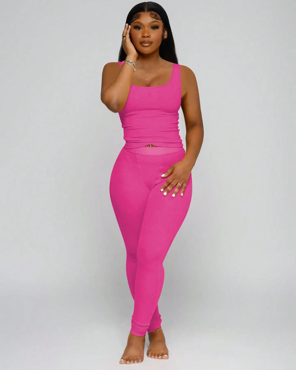 Ribbed Crop Tank Top and High Waist Leggings Set for Women
