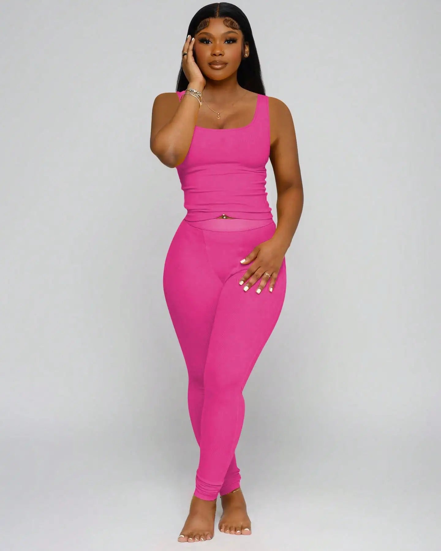 Ribbed Crop Tank Top and High Waist Leggings Set for Women