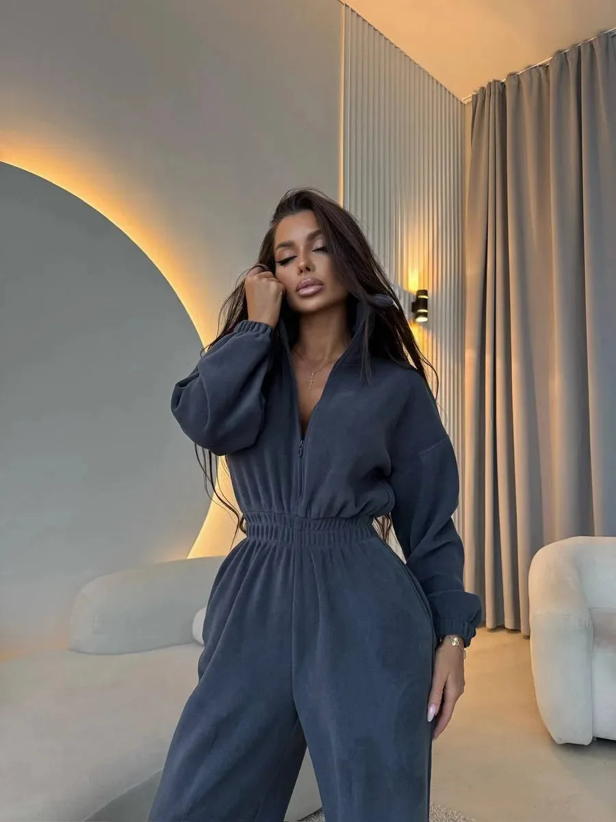 Sporty Long Sleeve Half-Zip Sports Jumpsuit with Lapel