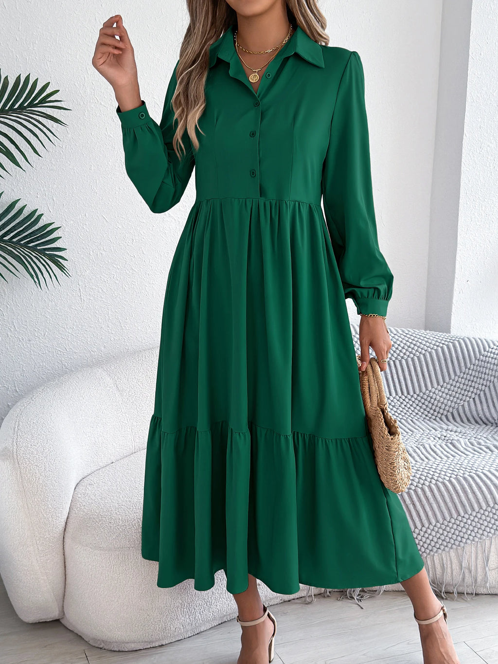Women's Casual Button Down Long Sleeved Dress