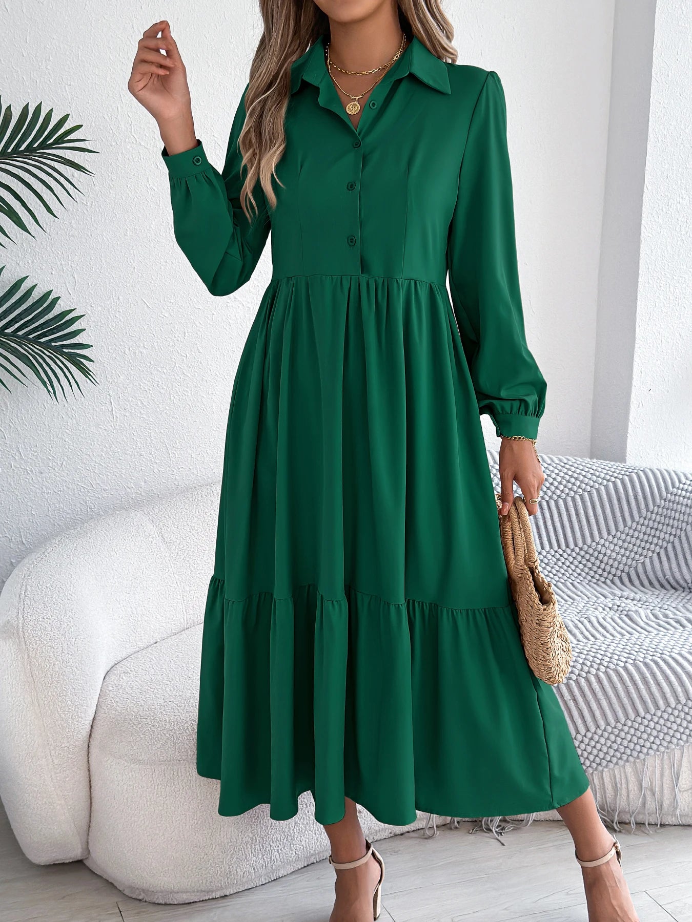 Women's Casual Button Down Long Sleeved Dress