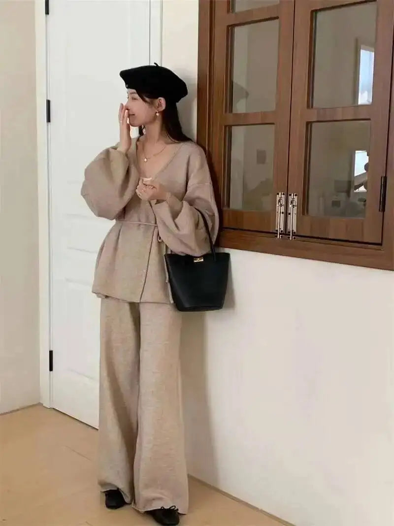 Casual Long Sleeve Sweater And High Waist Trousers Knit Set