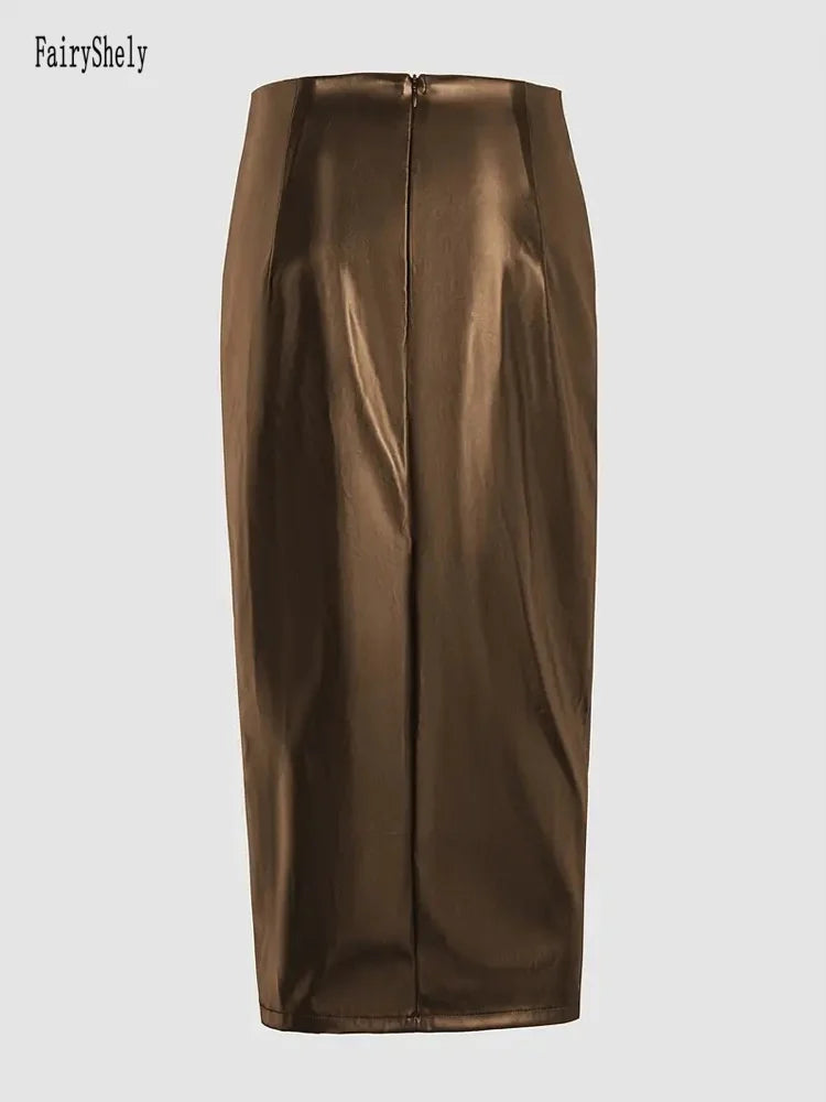 Slim fit, High Waist Split Mid-Length Pu Leather Skirt