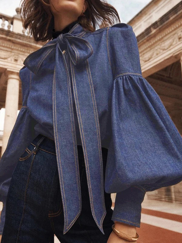 Denim Blouse with Long Puff Sleeves and Bow