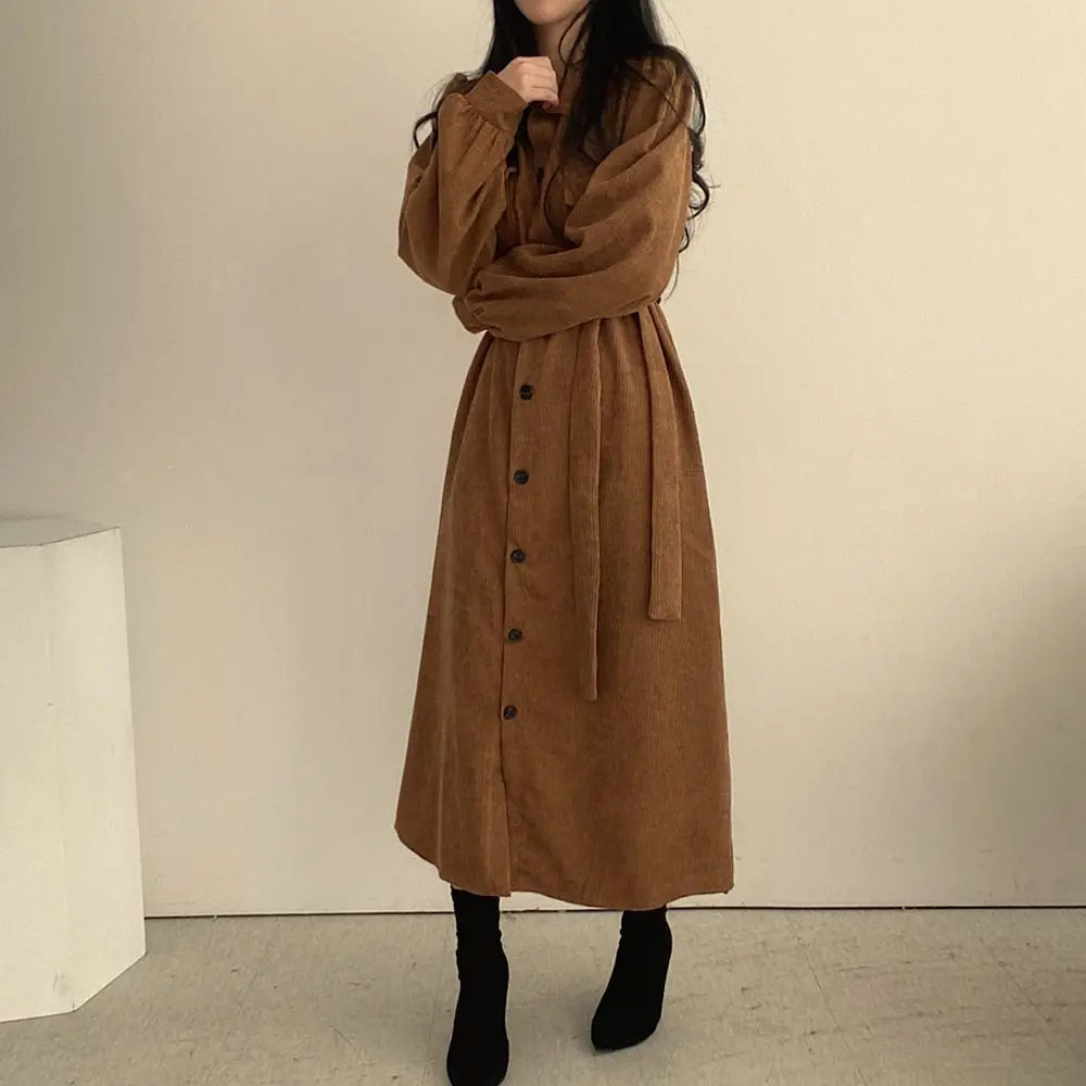 Retro Lapels Single-breasted Waist Dress