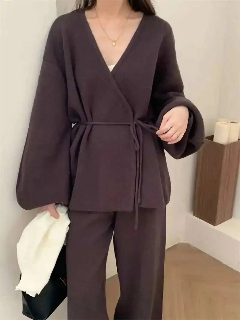 Casual Long Sleeve Sweater And High Waist Trousers Knit Set