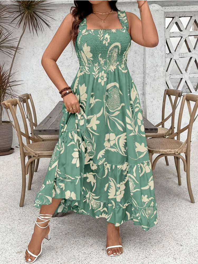 Plus Size Summer Floral Halter Dress with Ruffle Hem