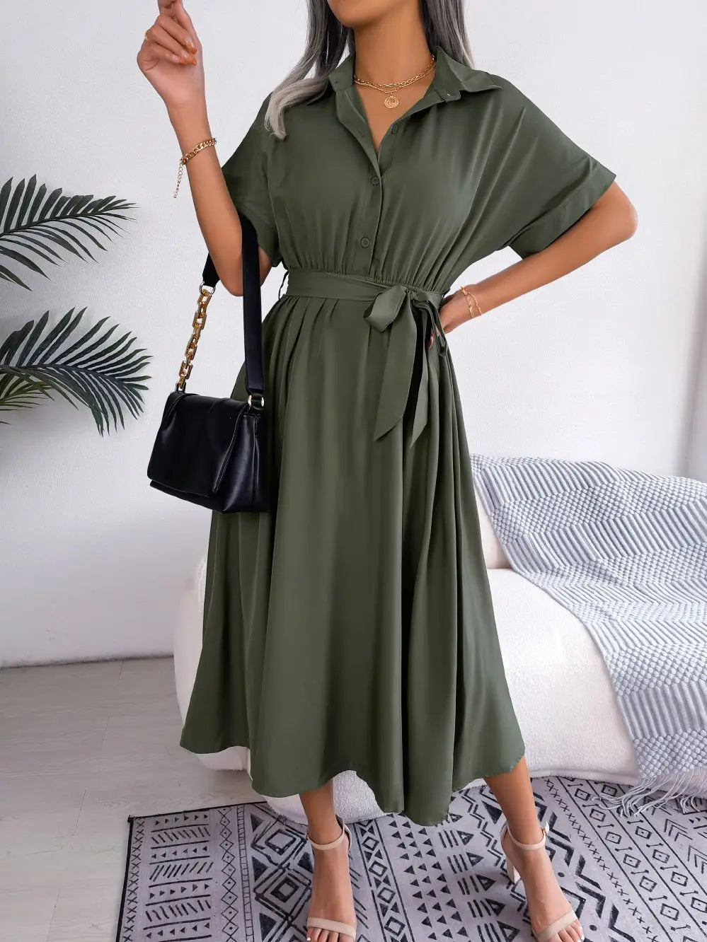 Women's Turn Down Collar Lace Up Dress