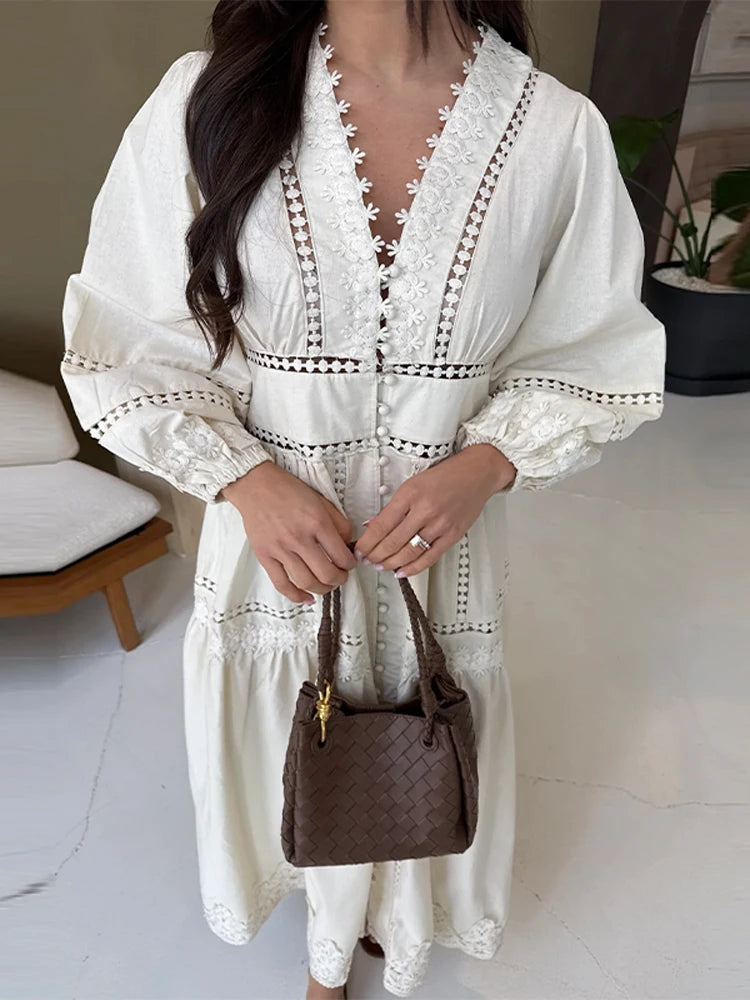 Lace Cut Out Long Puff Sleeve Maxi Dress