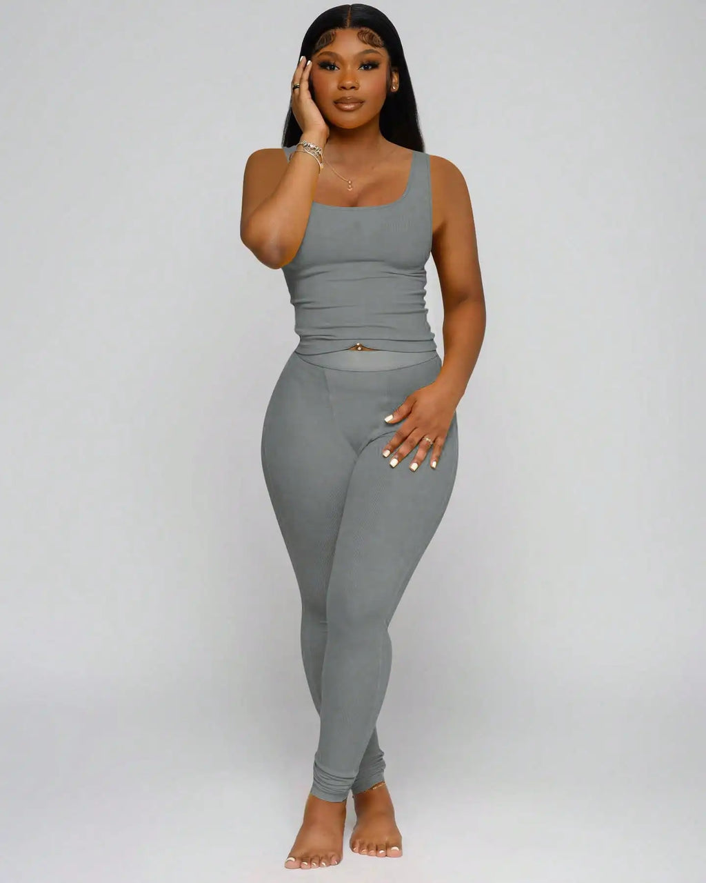Ribbed Crop Tank Top and High Waist Leggings Set for Women