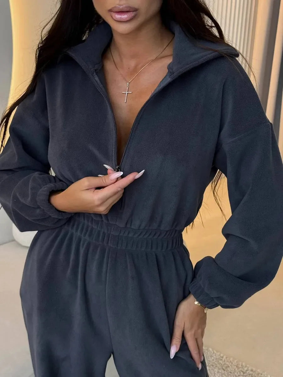 Sporty Long Sleeve Half-Zip Sports Jumpsuit with Lapel