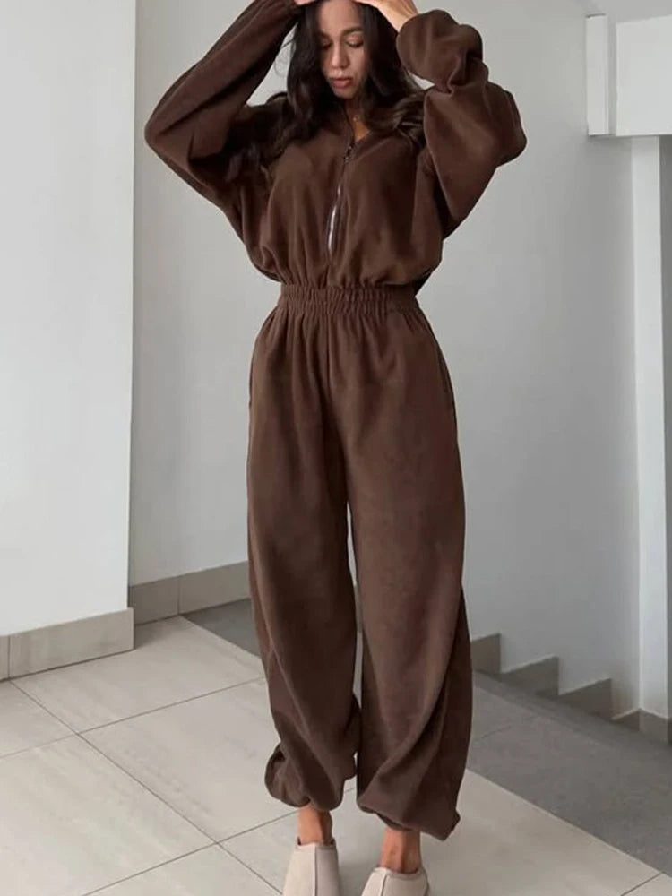 Sporty Long Sleeve Half-Zip Sports Jumpsuit with Lapel