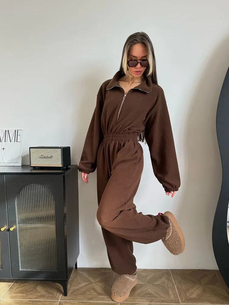 Sporty Long Sleeve Half-Zip Sports Jumpsuit with Lapel