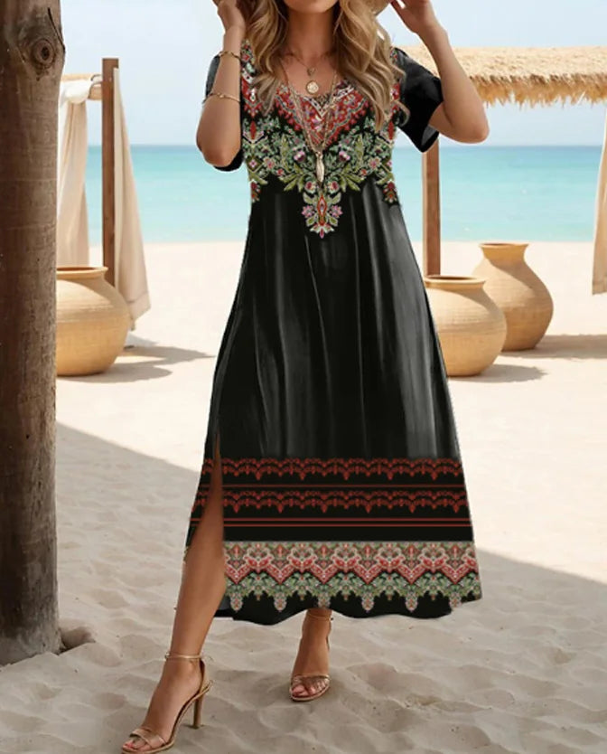 Plus Size Women's Bohemian Floral Print Short Sleeved Dress