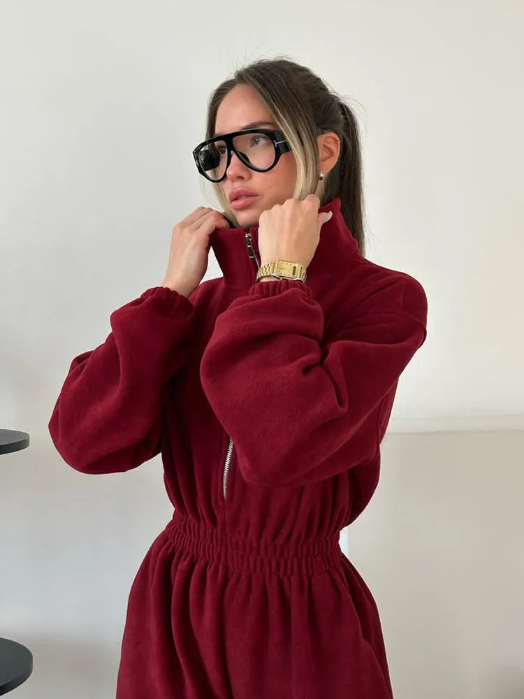 Sporty Long Sleeve Half-Zip Sports Jumpsuit with Lapel