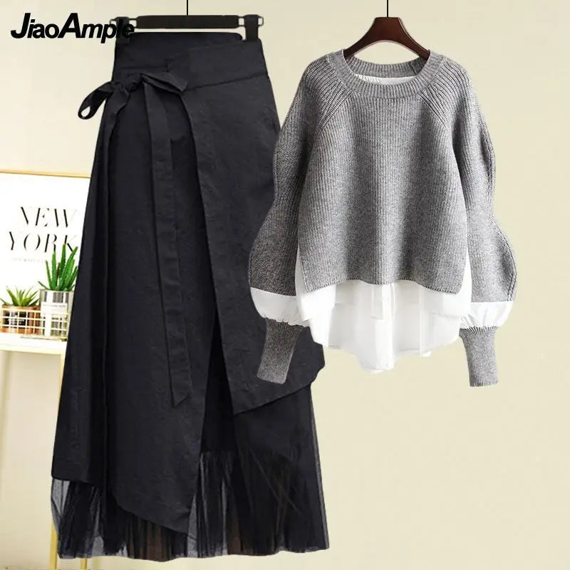 Spring Two Piece Knit Sweater+Strap A-line Skirt Suit Set