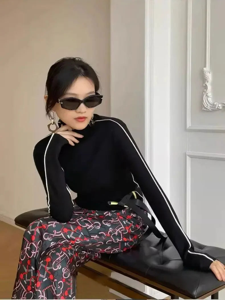 Long Sleeve Knit Turtleneck with Striped Sleeves Sweater Top