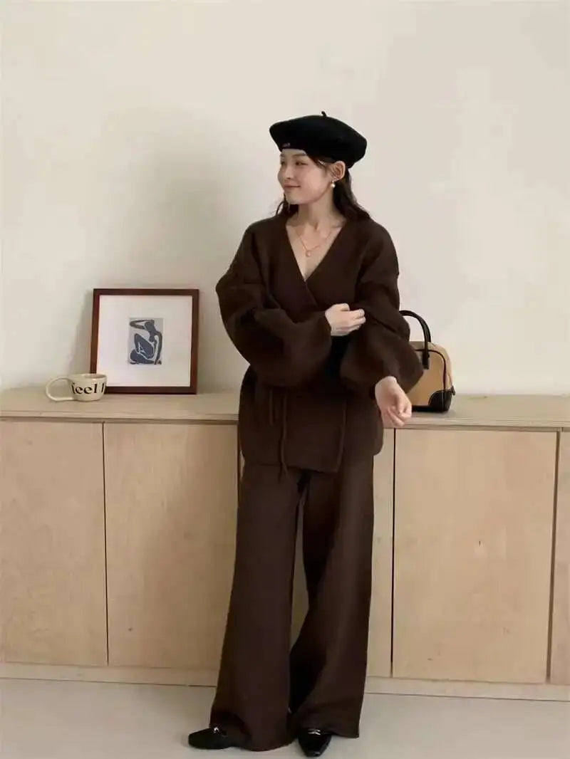 Casual Long Sleeve Sweater And High Waist Trousers Knit Set