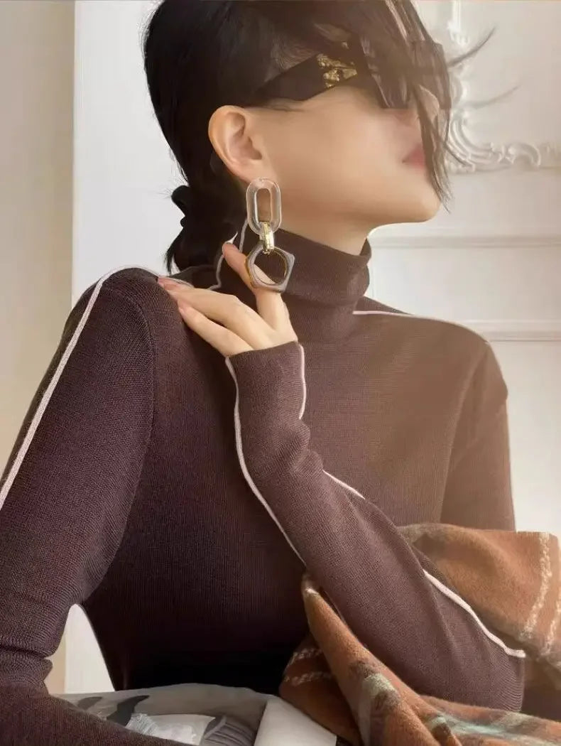 Long Sleeve Knit Turtleneck with Striped Sleeves Sweater Top