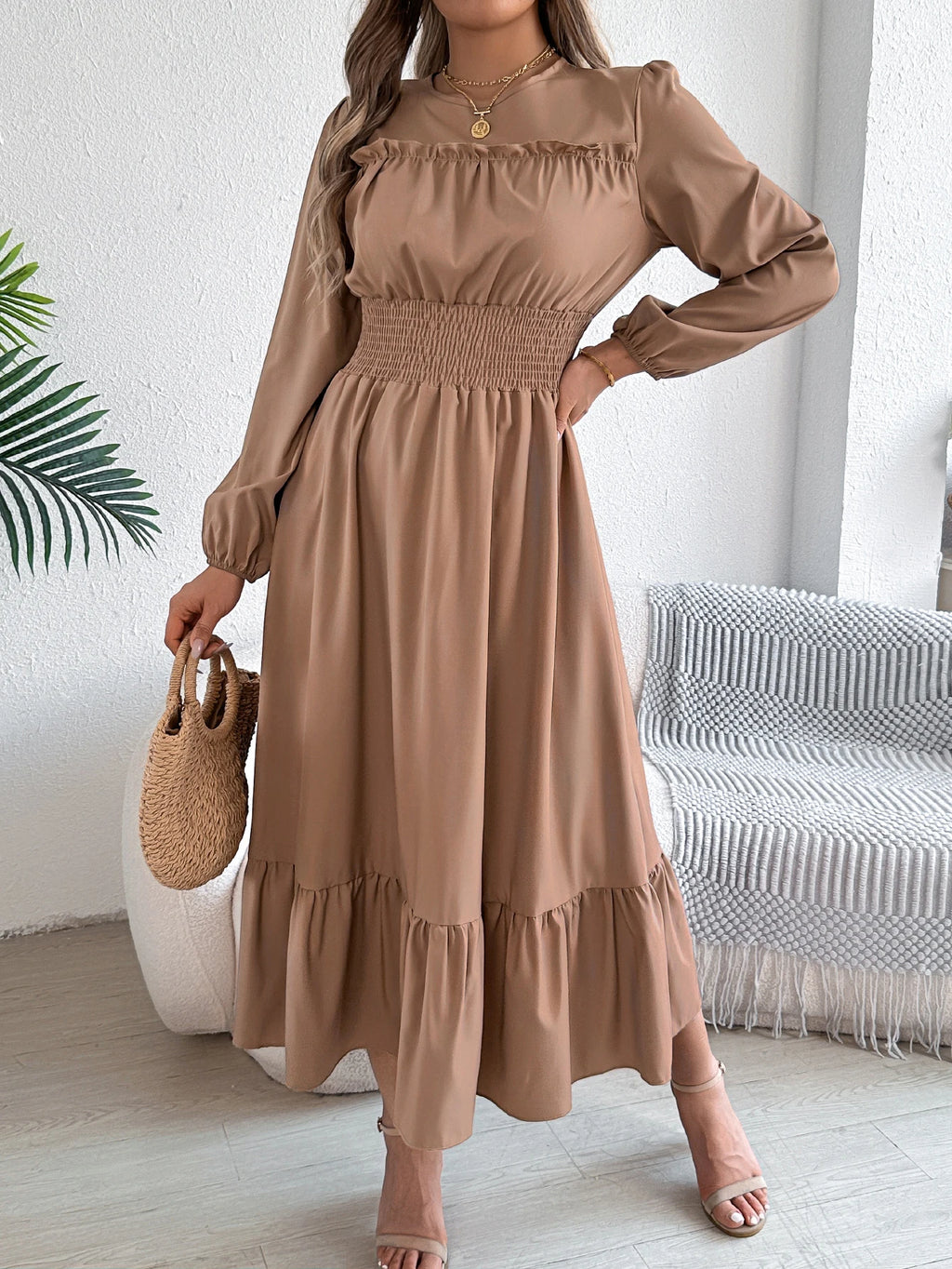 Women's Casual Elegant Round Neck Long Sleeved Waist Cinched Lotus Leaf Edge Dress