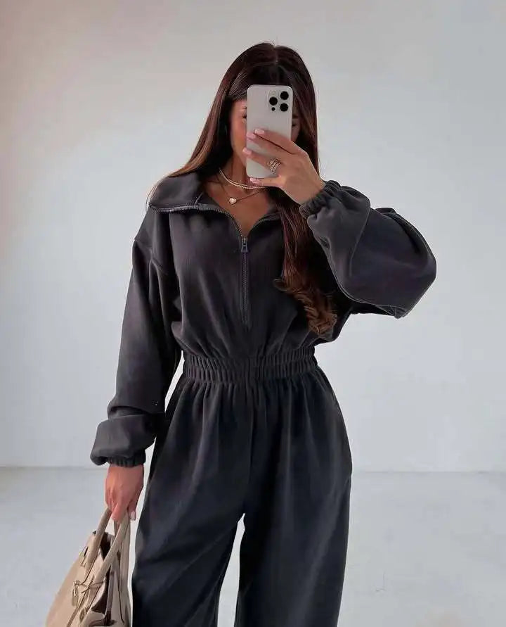 Sporty Long Sleeve Half-Zip Sports Jumpsuit with Lapel