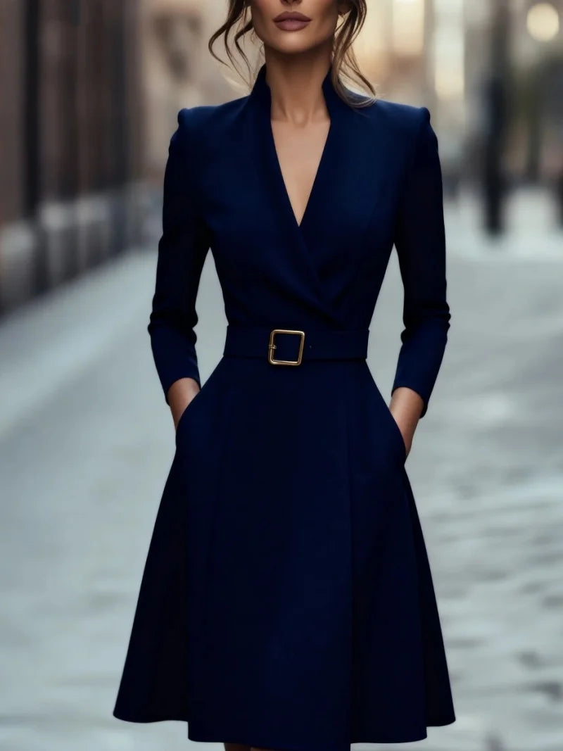 V-Neck Long Sleeve, V-Neck, A-Line Belted Dress
