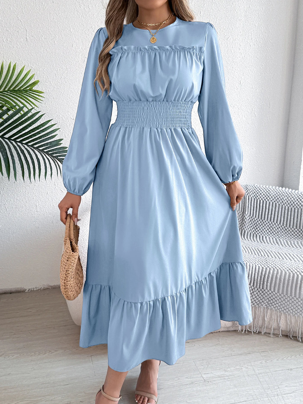 Women's Casual Elegant Round Neck Long Sleeved Waist Cinched Lotus Leaf Edge Dress