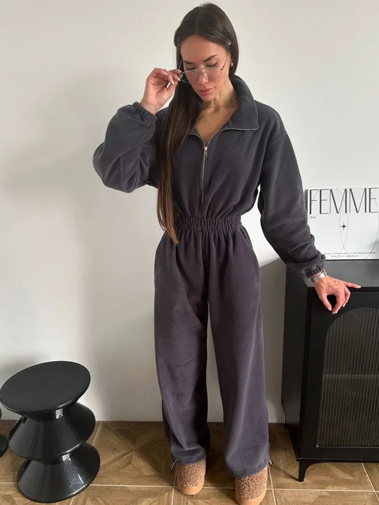 Sporty Long Sleeve Half-Zip Sports Jumpsuit with Lapel