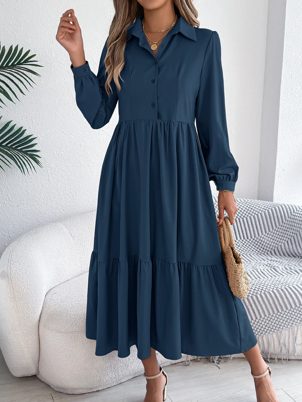 Women's Casual Button Down Long Sleeved Dress