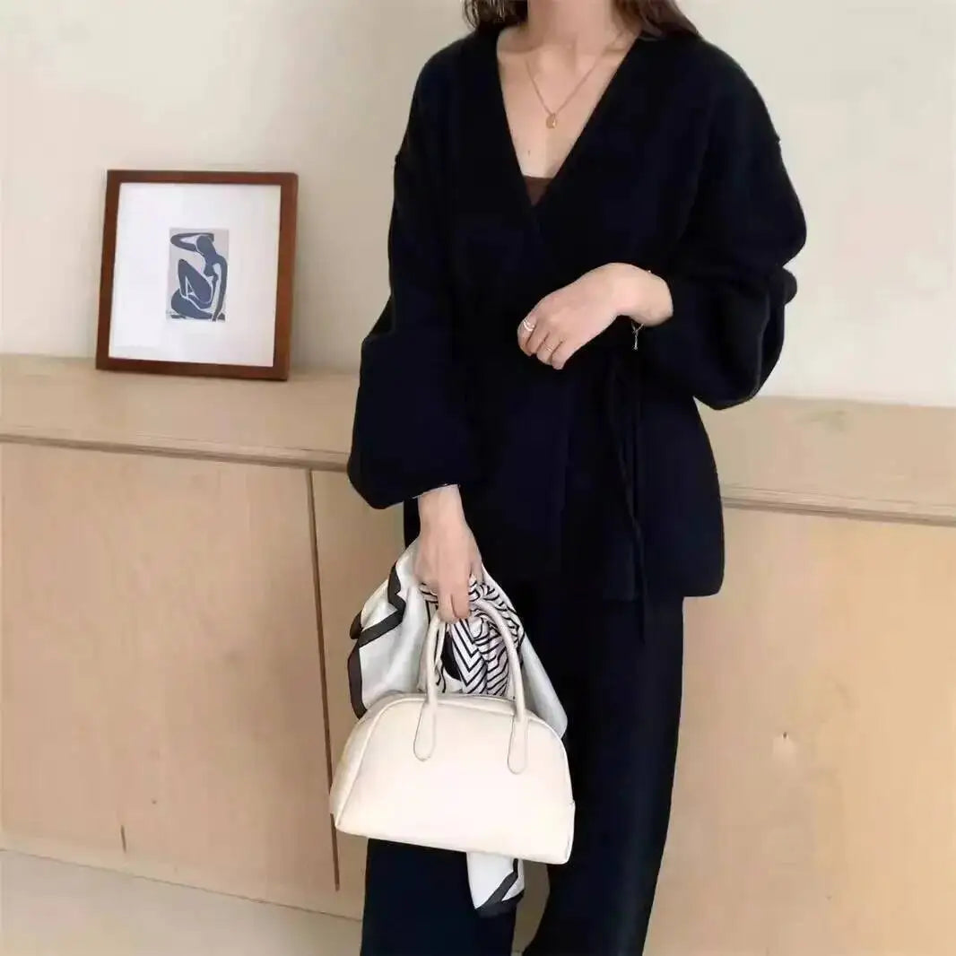 Casual Long Sleeve Sweater And High Waist Trousers Knit Set