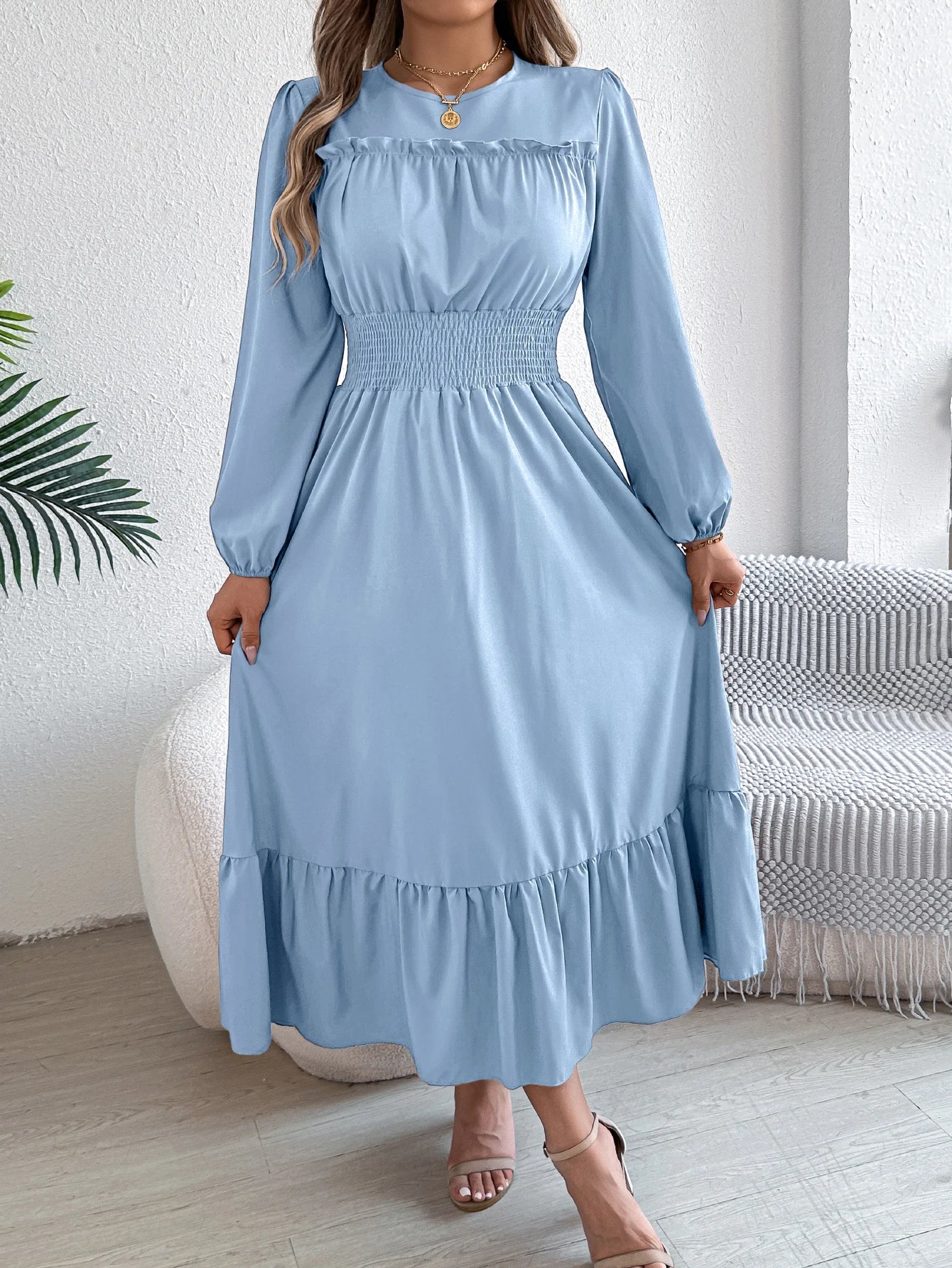 Women's Casual Elegant Round Neck Long Sleeved Waist Cinched Lotus Leaf Edge Dress