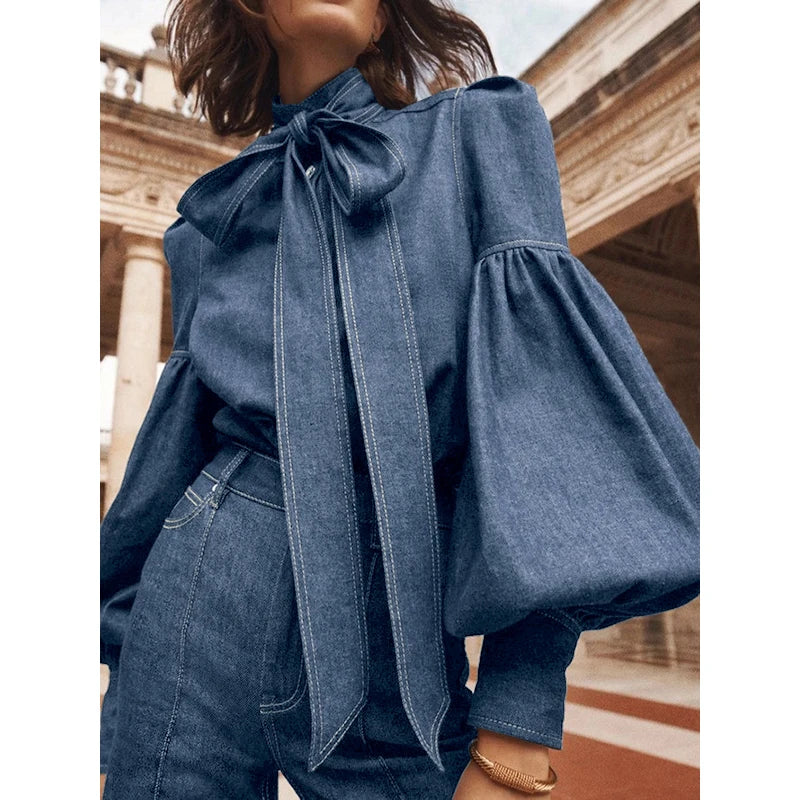 Denim Blouse with Long Puff Sleeves and Bow