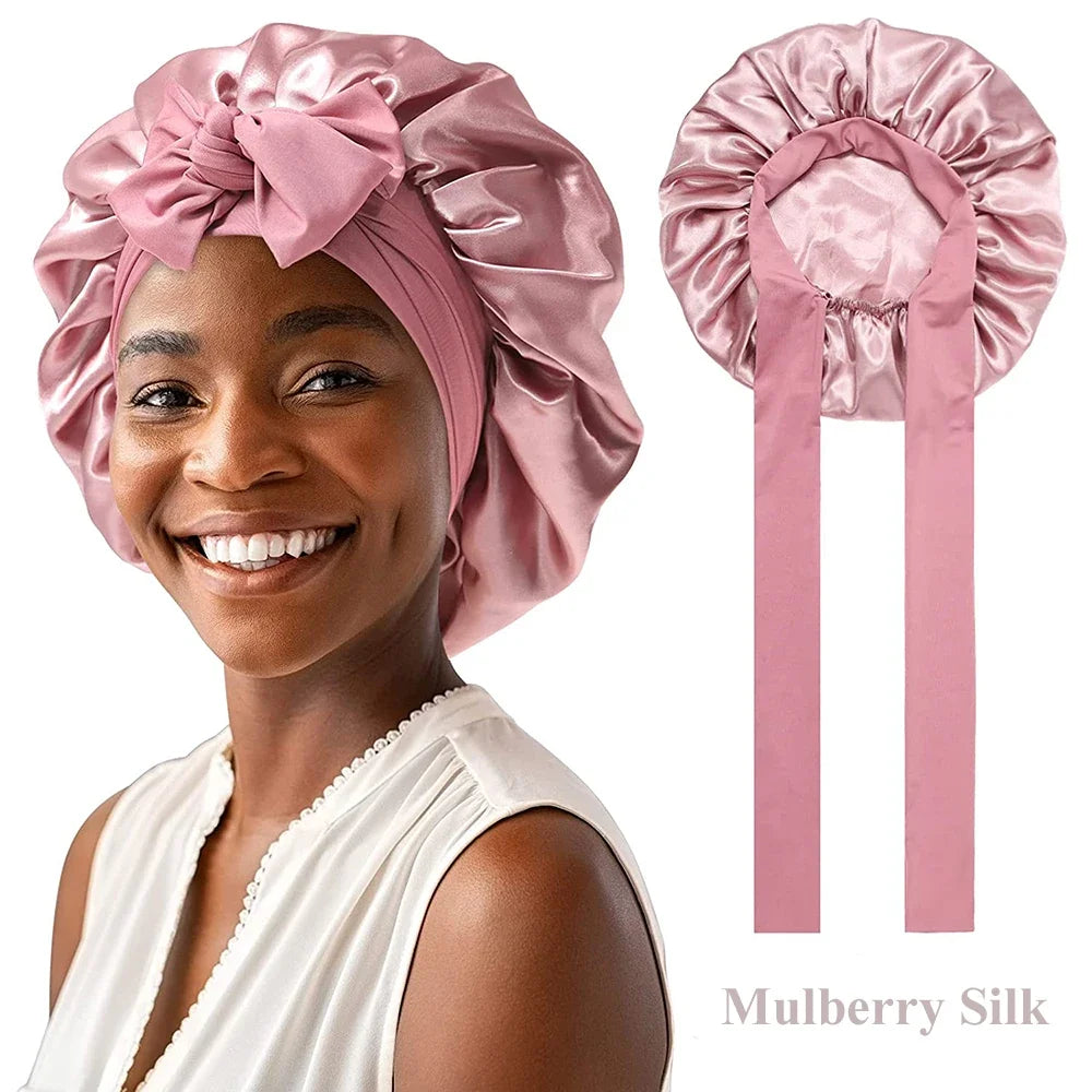 100% Mulberry Silk Sleeping Bonnet Curly Hair Adjustable Satin Sleep Cap With Wide Elastic Band