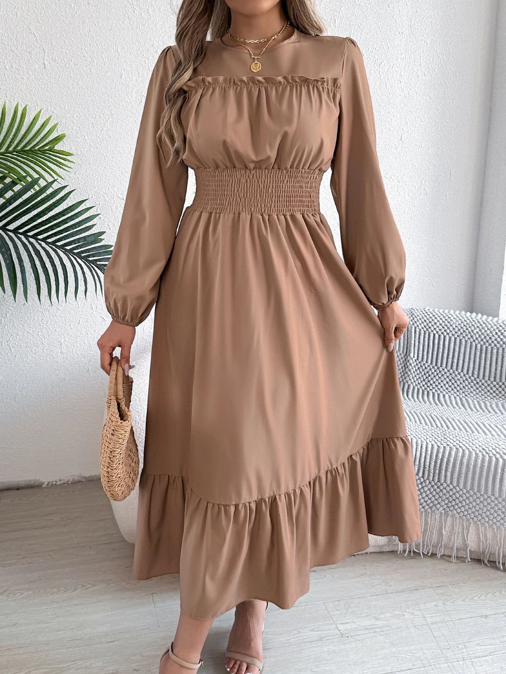 Women's Casual Elegant Round Neck Long Sleeved Waist Cinched Lotus Leaf Edge Dress