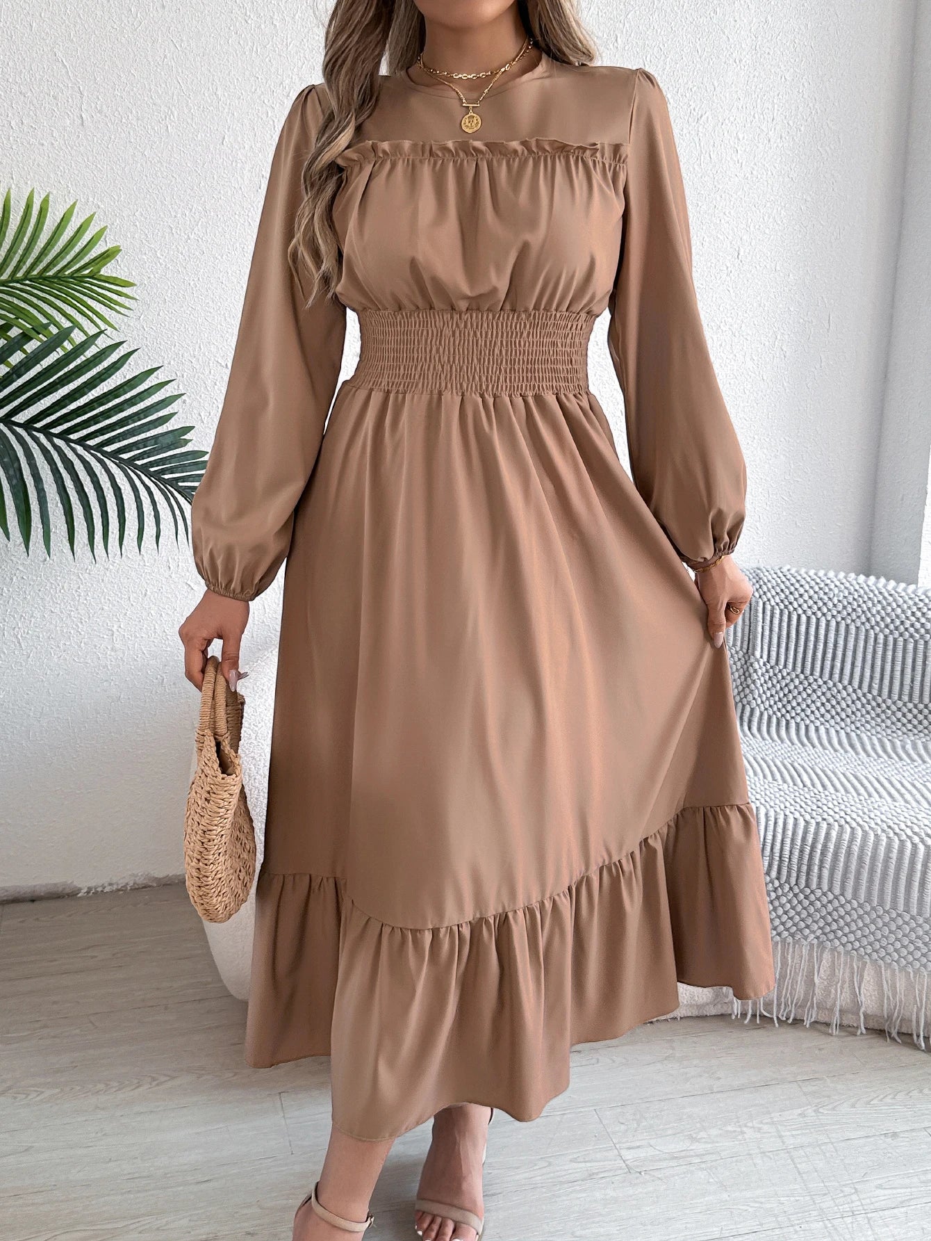 Women's Casual Elegant Round Neck Long Sleeved Waist Cinched Lotus Leaf Edge Dress