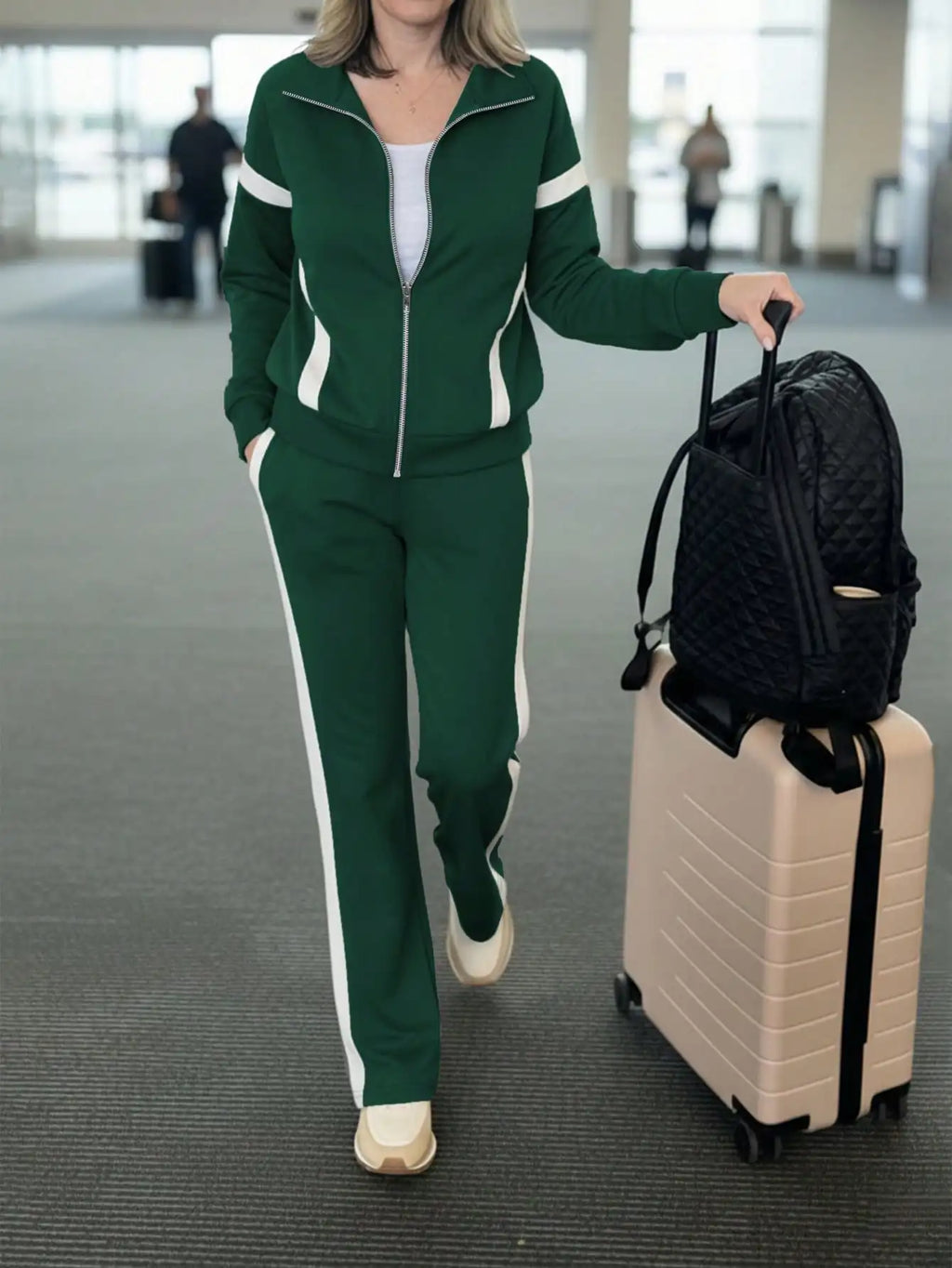Women's Navy Blue & White Contrast Stripe 2-Piece Track Suit Set