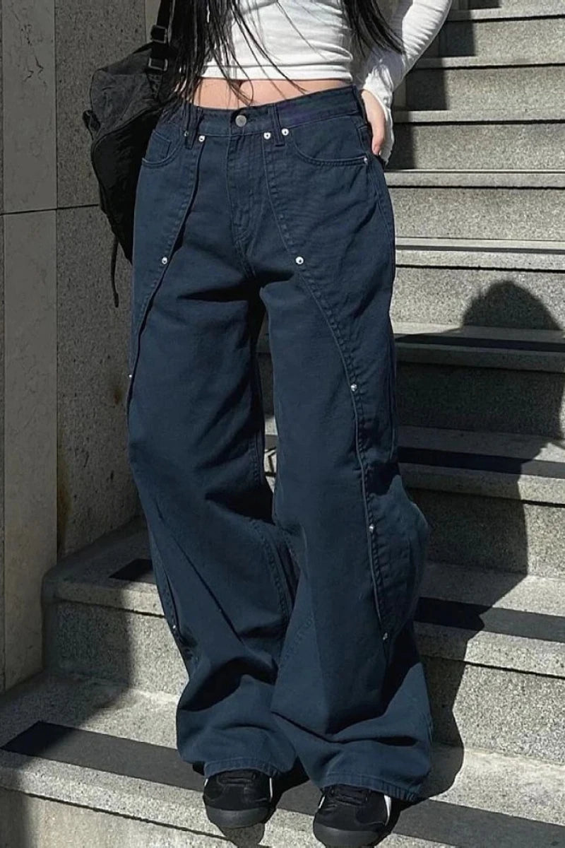 Relaxed Loose Fit Wide Leg Trousers with Rivet Patchwork Split Design