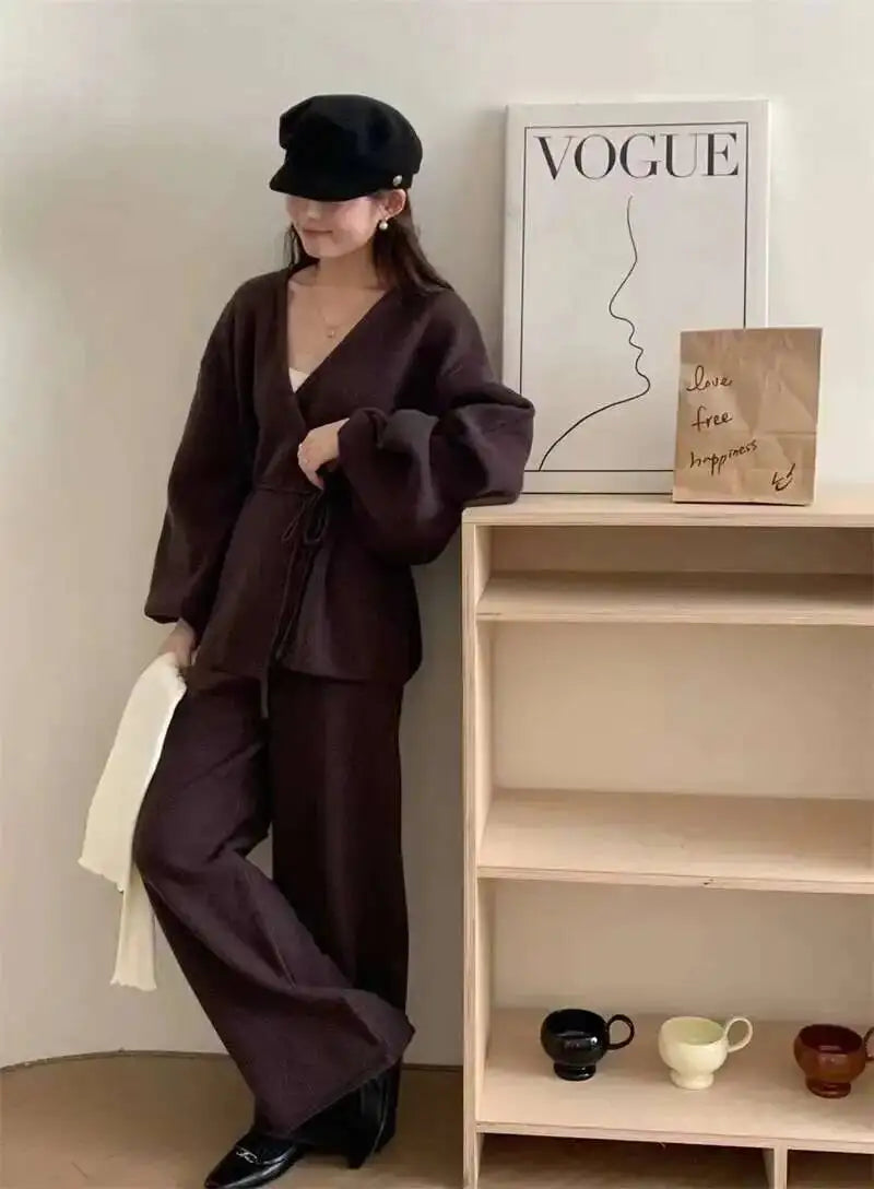 Casual Long Sleeve Sweater And High Waist Trousers Knit Set