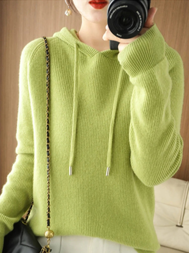Merino Wool Blend Long Sleeve Hooded Pullover Sweater