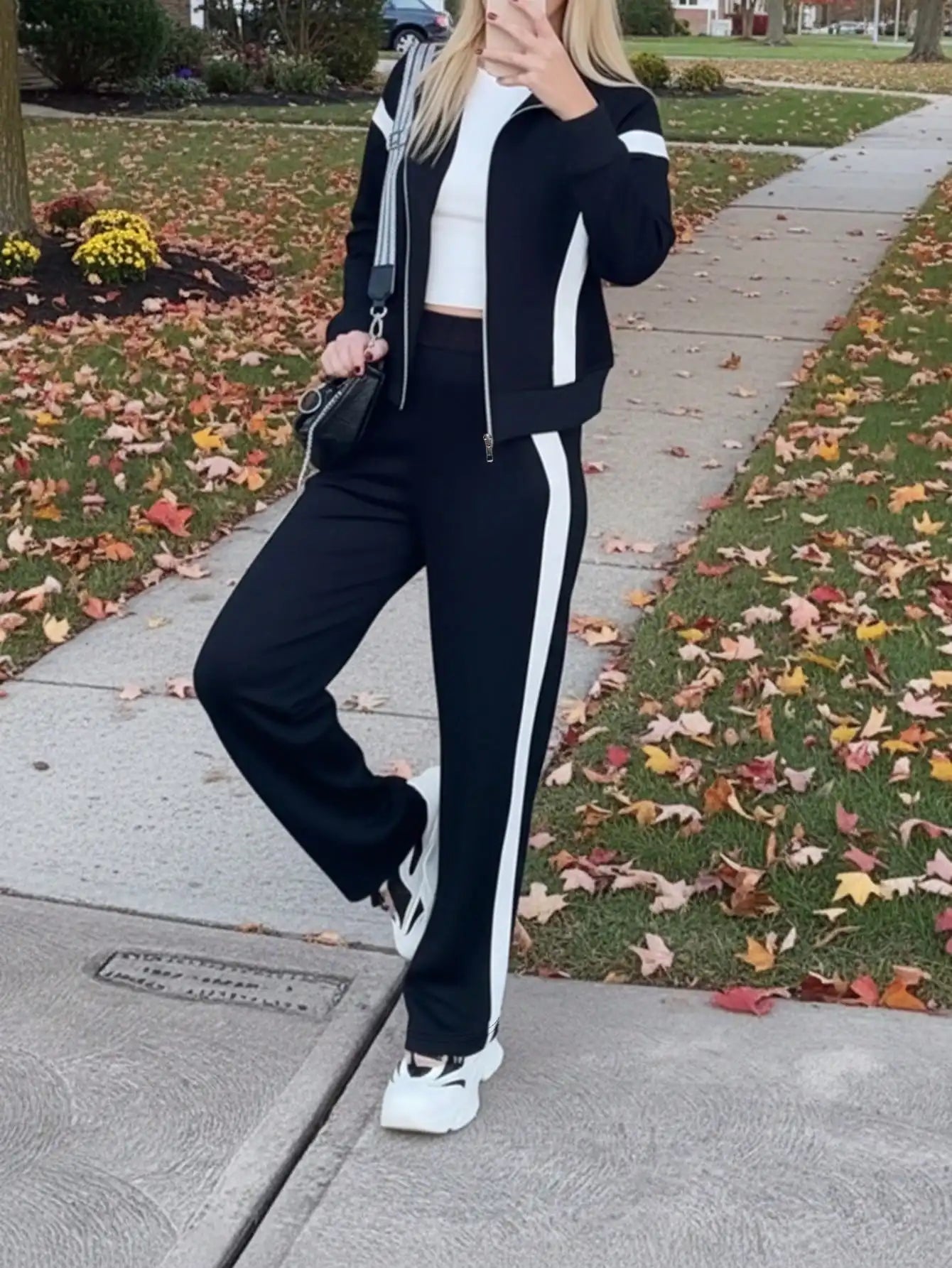 Women's Navy Blue & White Contrast Stripe 2-Piece Track Suit Set