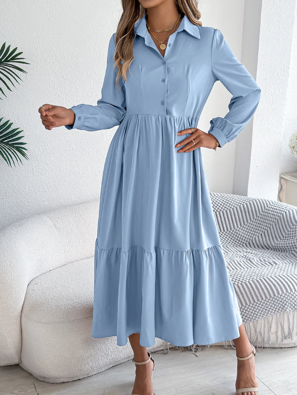 Women's Casual Button Down Long Sleeved Dress