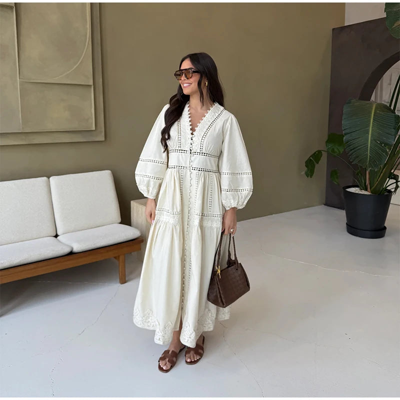 Lace Cut Out Long Puff Sleeve Maxi Dress