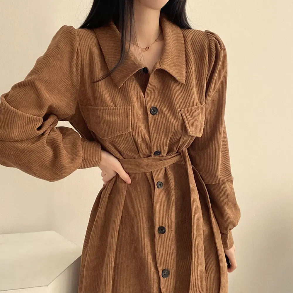 Retro Lapels Single-breasted Waist Dress