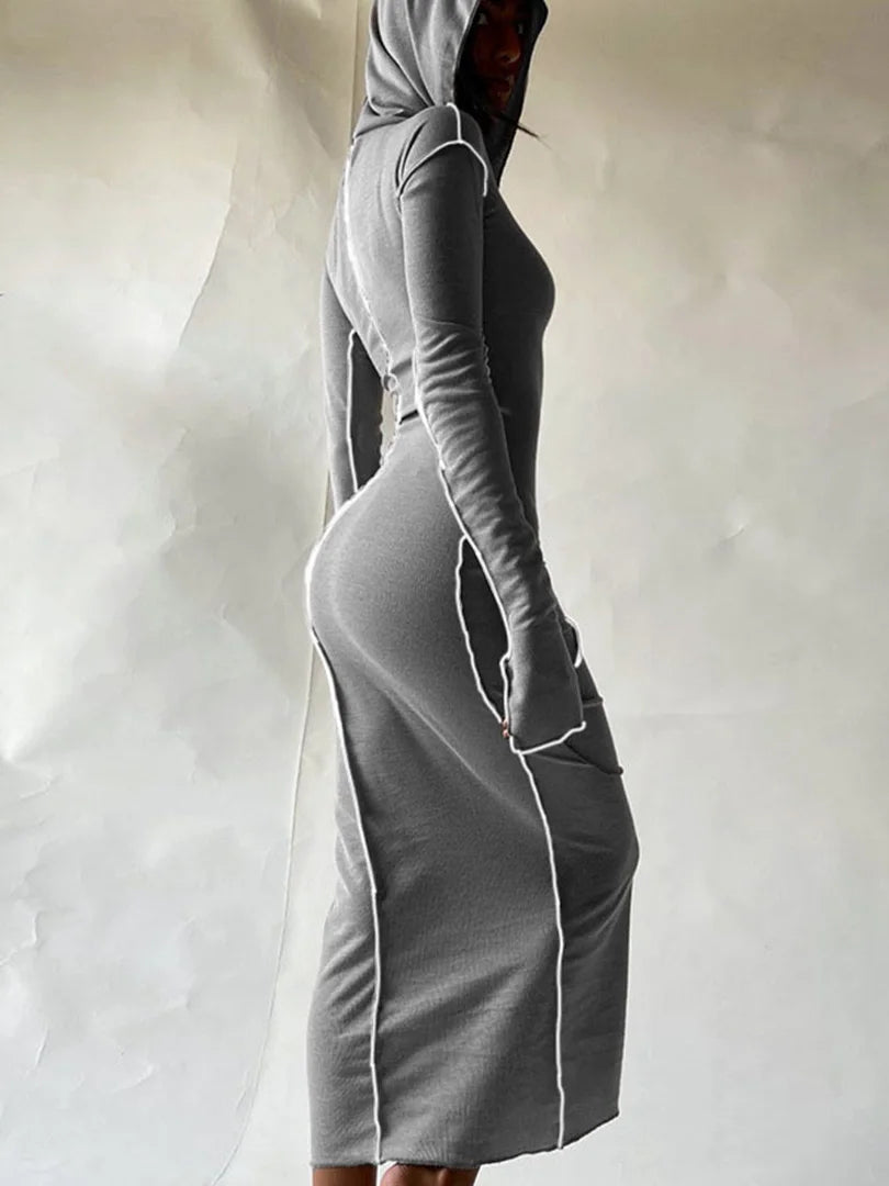 Long Sleeve Hooded Patchwork Skinny Maxi Dress